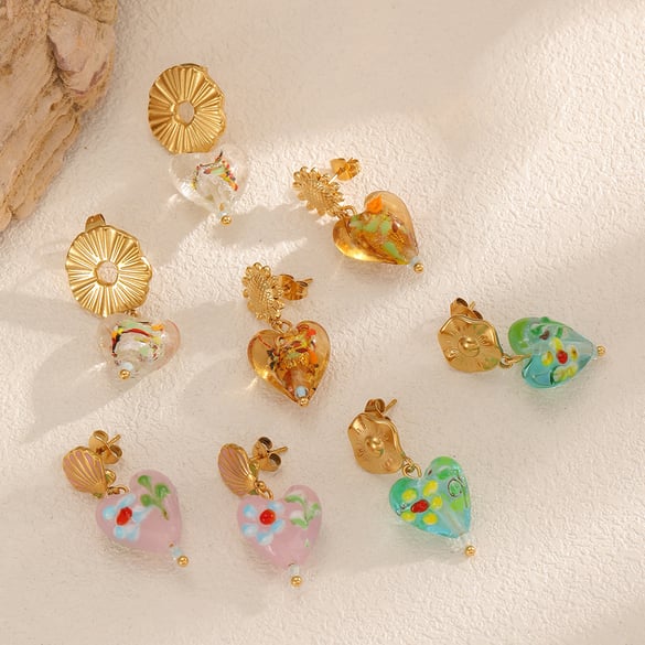 1 Pair Luxurious Glass Heart Stainless Steel Gold Color Women's Drop Earrings 2