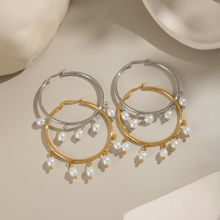 1 Pair Casual Tassel Circle Stainless Steel Gold Color Women's Hoop Earrings Picture2