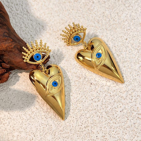 1 paar Devil&#39;s Eye Heart oorbellen van roestvrij staal met gouden hanger