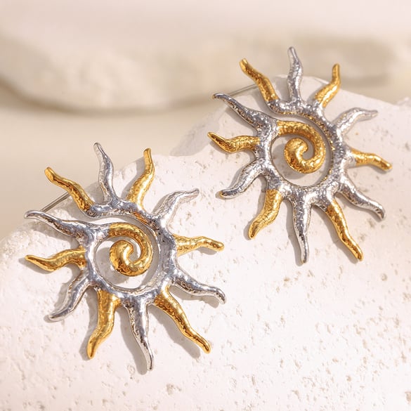 1 Pair Classic Sun Stainless Steel Gold Color Women's Stud Earrings 2