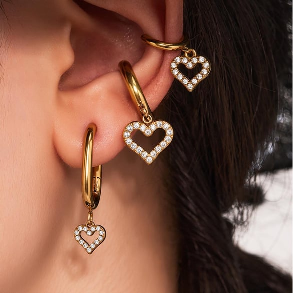 1 Pair Exquisite Heart Stainless Steel Gold Color Zircon Women's Drop Earrings 2