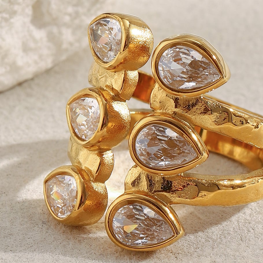 1 pezzo elegante anello da donna con pietre preziose in acciaio inossidabile color oro a doppio strato con zirconi Immagine5