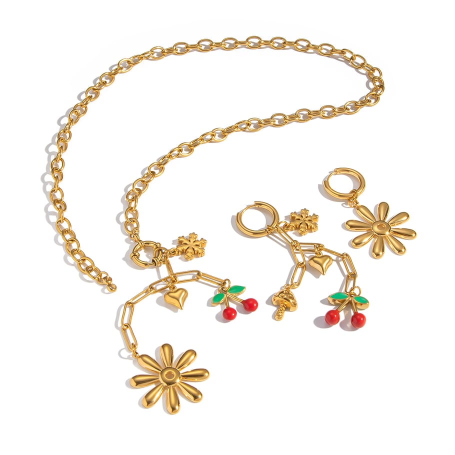 Set di collane in acciaio inossidabile color oro con fiore romantico e ciliegia Immagine6
