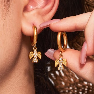 1 Pair Classic Angel Stainless Steel Gold Color Zircon Women's Drop Earrings h5 Picture5