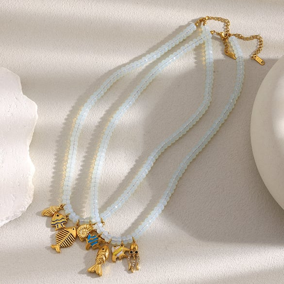 Collier élégant en acier inoxydable et pierre naturelle pour femme, 1 pièce, motif poisson