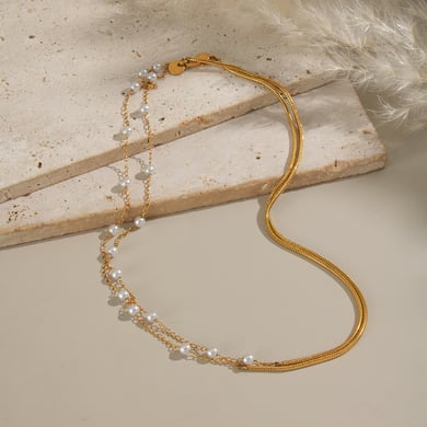 1 collar de perlas en capas de acero inoxidable color dorado h5 Imagen3