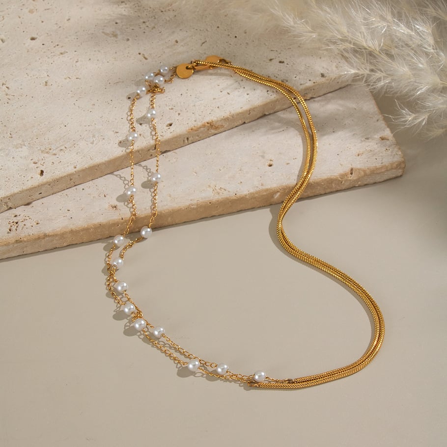 1 collar de perlas en capas de acero inoxidable color dorado Imagen3