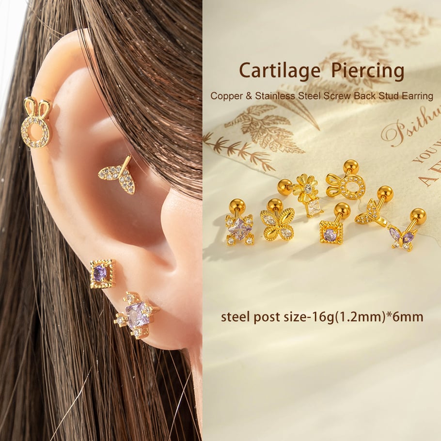 1 stuk bloem koper goud kleur zirkoon piercing oorbel Afbeelding4