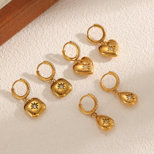 1 Pair Shinning Moon Stainless Steel Gold Color Zircon Women's Drop Earrings