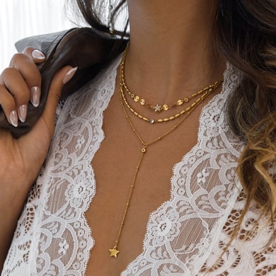 1 pezzo elegante collana a strati da donna in acciaio inossidabile con zirconi color oro e stella h5 Immagine3