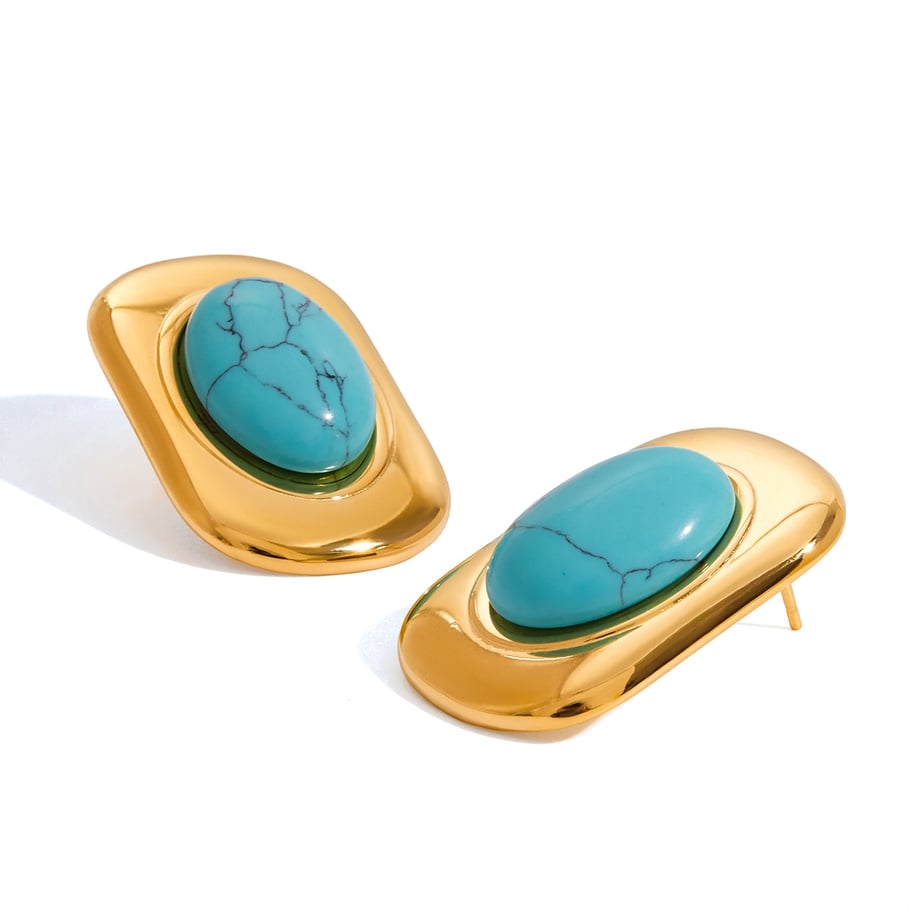 1 Pair Classic Rectangle Oval Calaite Stainless Steel Gold Color Women's Stud Earrings 