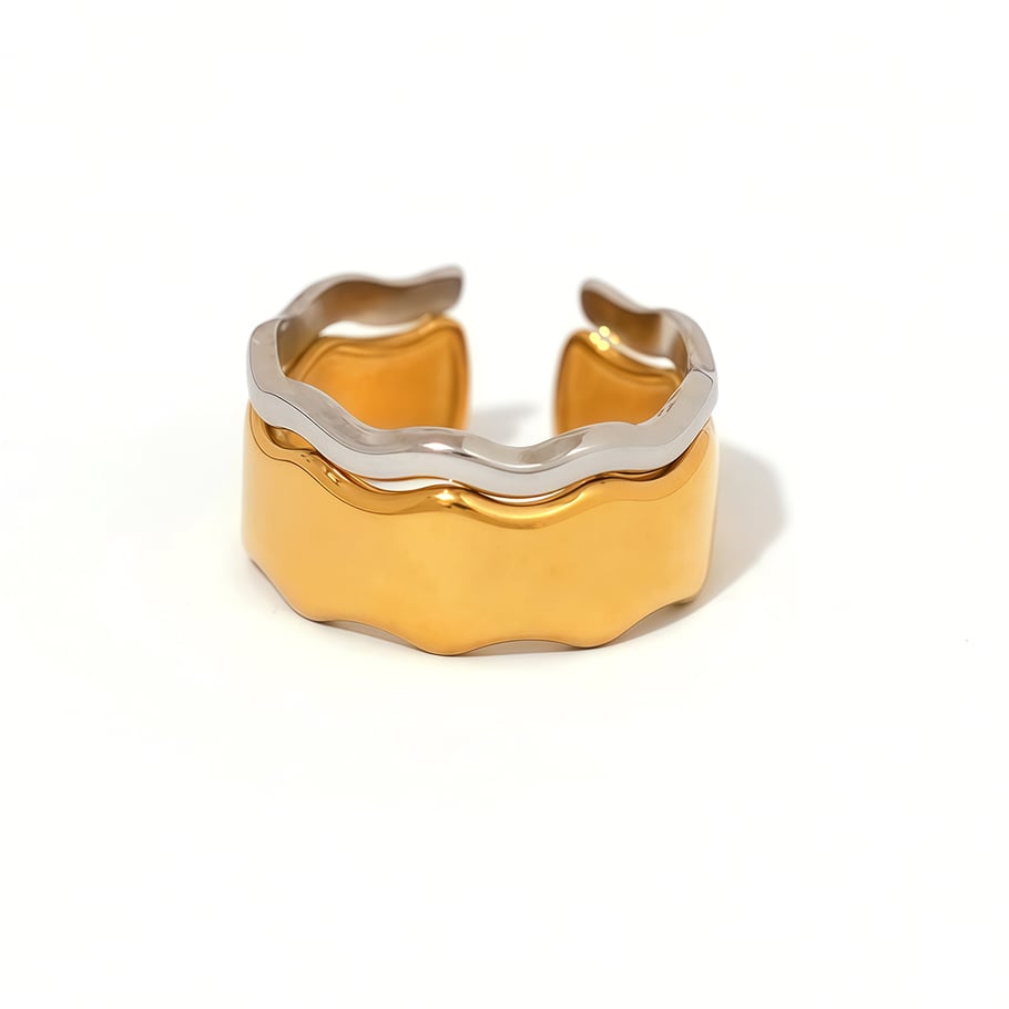 1 Piece Wide  Brimmed Wavy  Pattern Gold Stainless Steel Women's  Statement Rings 