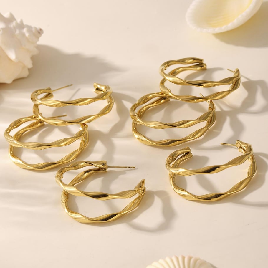1 Pair Double Circle Stainless Steel Gold Color Women's Hoop Earrings h5Picture6