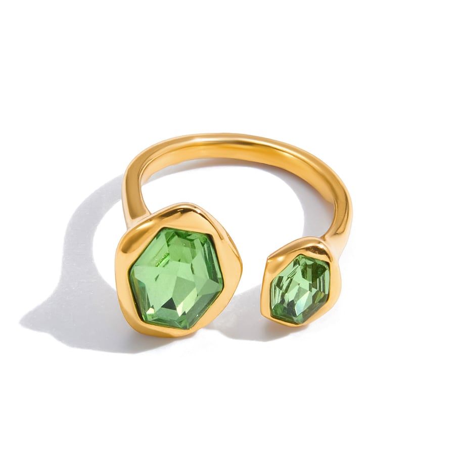 1 Piece Hexagon Green Shape Zircon Stainless Steel Gold Color Women's Gemstone Rings 
