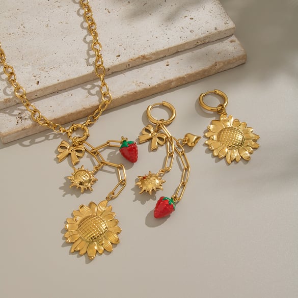Romantisches Halsketten-Set mit Blume und Erdbeere, Edelstahl, goldfarben 2