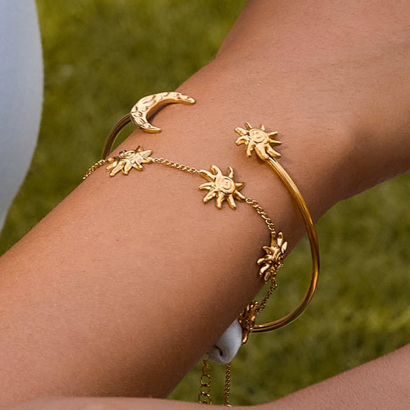 1 Stück Retro Sonne &amp; Mond Edelstahl Gold Farbe Damen Manschette Armbänder 2