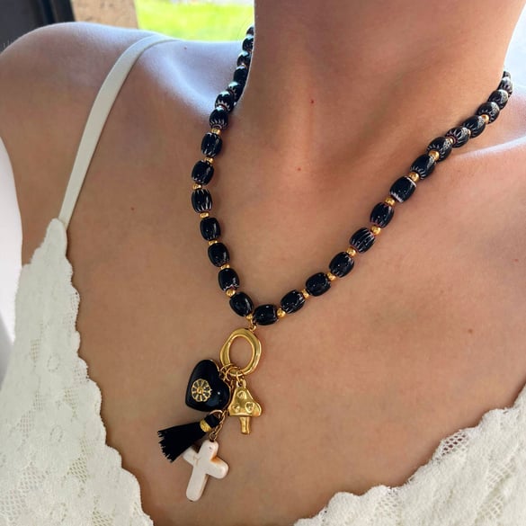 Collier de perles en acier inoxydable avec cœur rétro, 1 pièce