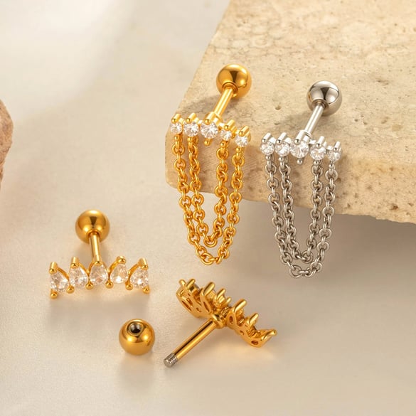 1 Adet Çiçek Bakır Altın Rengi Zirkonyum Piercing Küpe