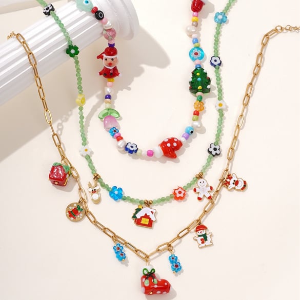 1 Piece Christmas Cartoon Stainless Steel Gold Color Women's Beaded Necklaces 2