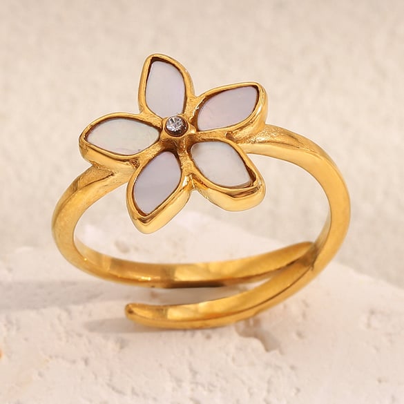 1 Stück schicke Blumen-Statementringe aus Edelstahl in Goldfarbe mit Muschel 2