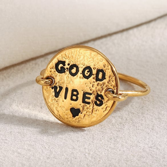 1 Piece Daily Good Vibes Stainless Steel Gold Color Statement Rings 2