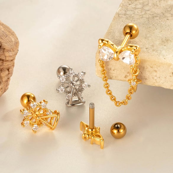 1 Parça Fiyonk Düğüm Bakır Altın Rengi Zirkonyum Piercing Küpe