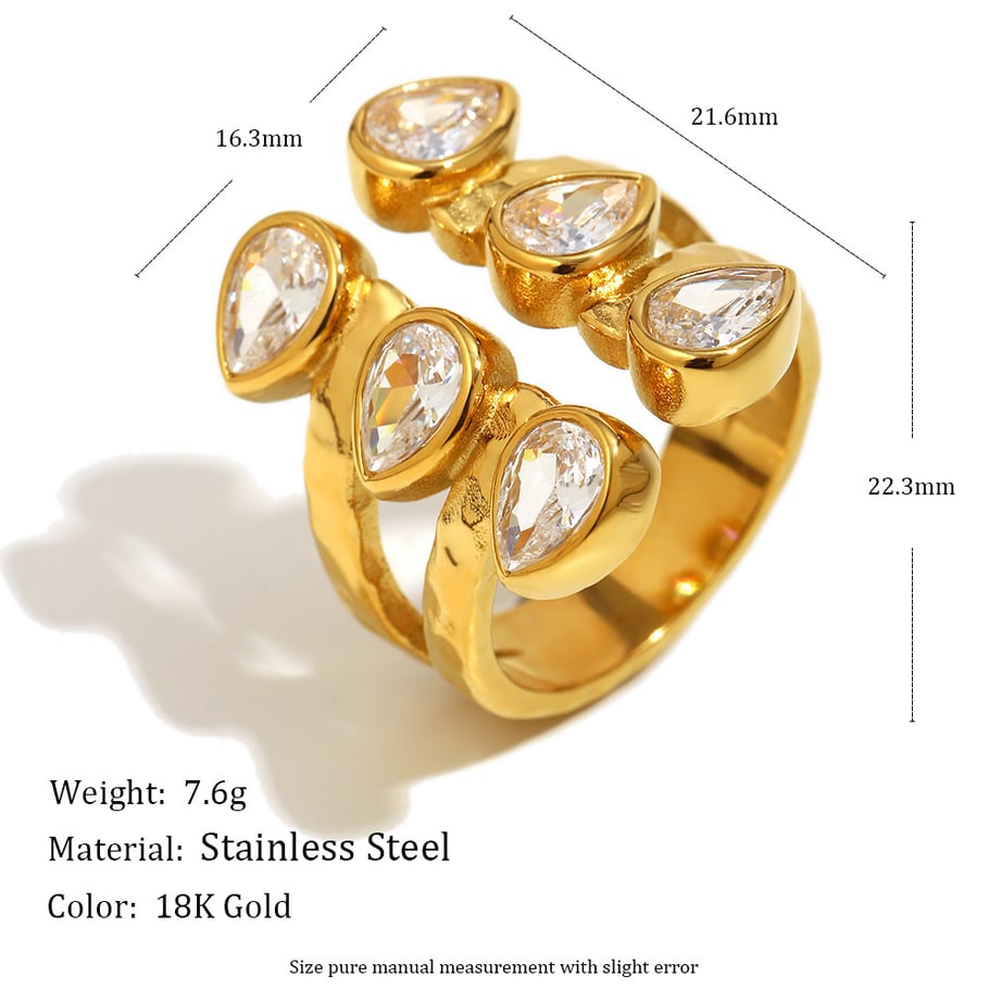 1 pezzo elegante anello da donna con pietre preziose in acciaio inossidabile color oro a doppio strato con zirconi Immagine2