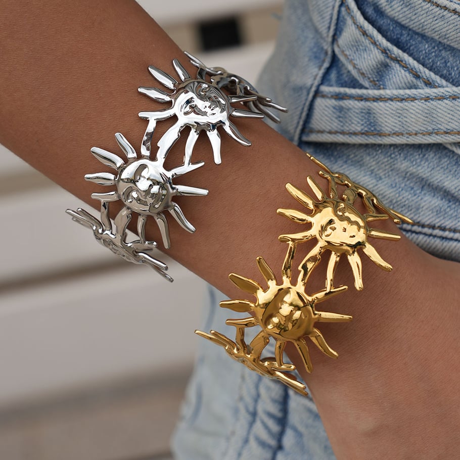 Braccialetti da donna in acciaio inossidabile color oro con sole retrò, serie semplice, 1 pezzo Immagine4