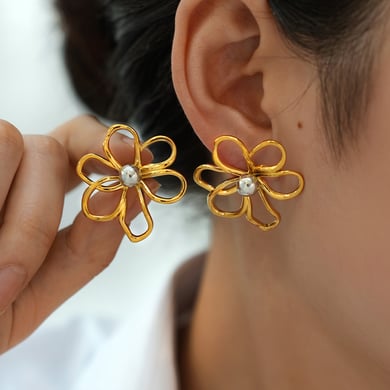 1 paar eenvoudige oorbellen van roestvrij staal met natuurlijke bloemen en gouden details voor dames h5 Afbeelding4