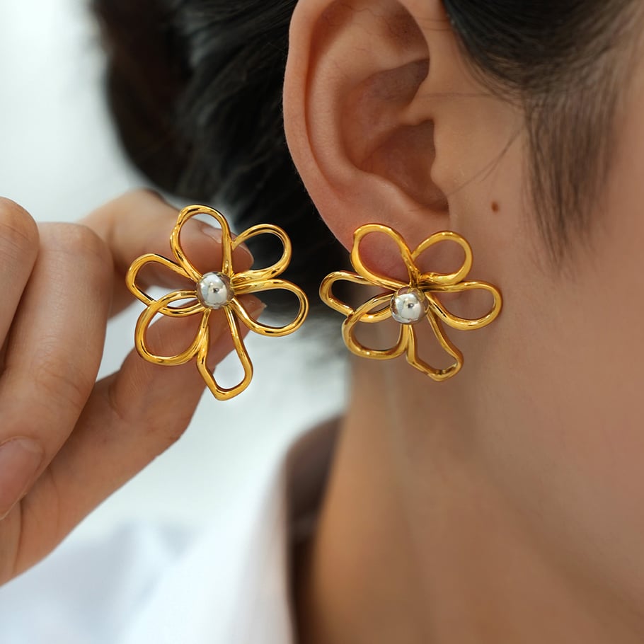 1 paar eenvoudige oorbellen van roestvrij staal met natuurlijke bloemen en gouden details voor dames Afbeelding4