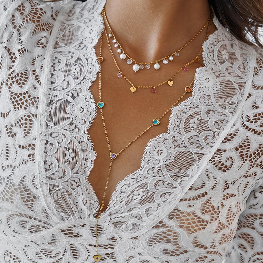 Collana con ciondolo da donna in acciaio inossidabile con zircone a forma di cuore policromo, 1 pezzo Immagine3
