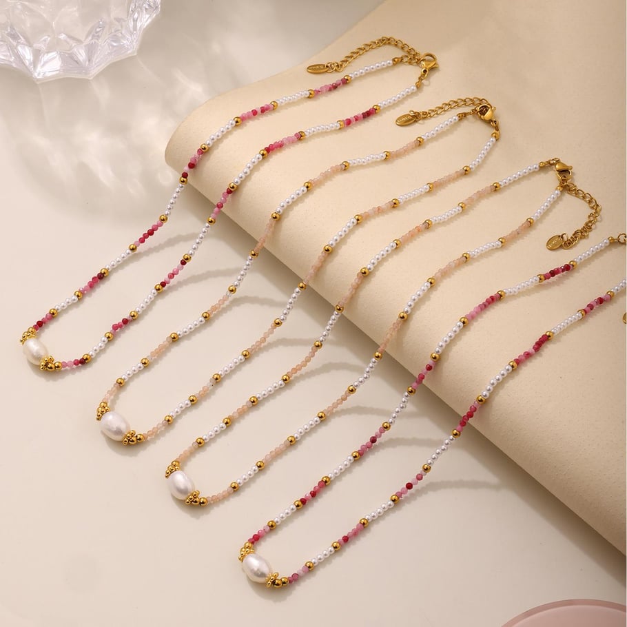 1 pezzo di collana classica in acciaio inossidabile color oro con pietra naturale da donna Immagine7
