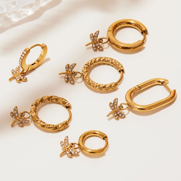 1 Pair Exquisite Dragonfly Stainless Steel Gold Color Zircon Women's Drop Earrings