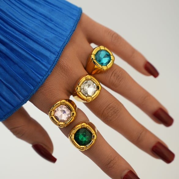 1 Piece Luxury Vintage Stainless Steel  Gold Color  Women's Gemstone Ring 2