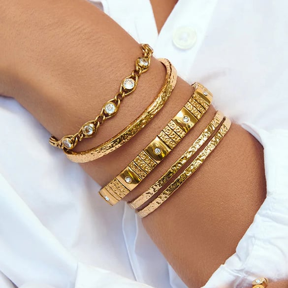 1 Piece Circle Hammered Texture Stainless Steel Gold Color Women's Cuff Bracelets 2