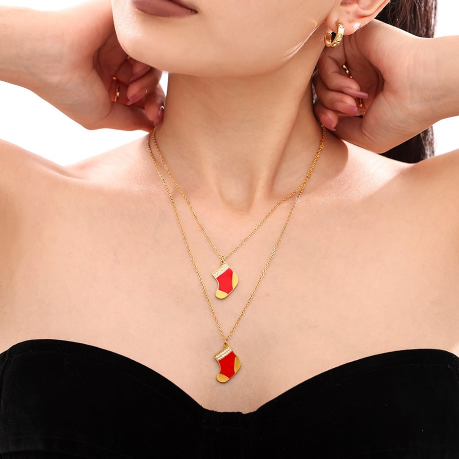 Colliers à pendentif classiques en acier inoxydable pour femmes, motif chaussette de Noël Image5
