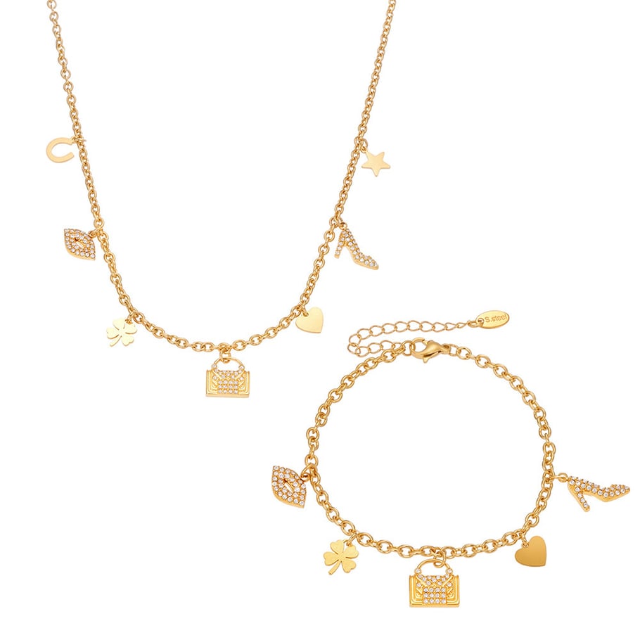 Conjuntos de joyas de acero inoxidable con forma de corazón y trébol de color dorado para mujer. Imagen7