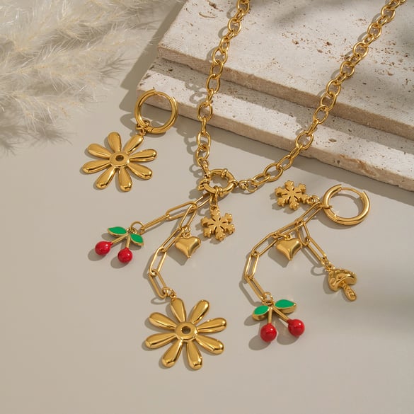Romantisches Halsketten-Set mit Blumenkirsche, Edelstahl, goldfarben 2