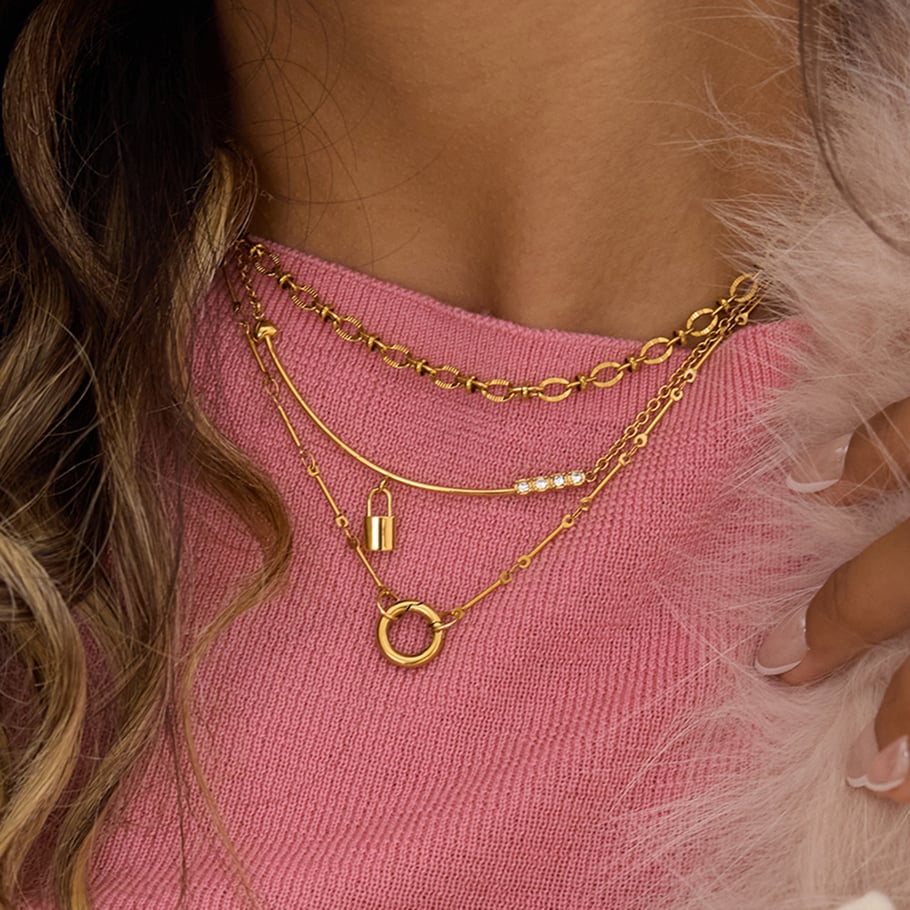 1 pezzo di collana con ciondolo da donna in acciaio inossidabile color oro con lucchetto classico Immagine3