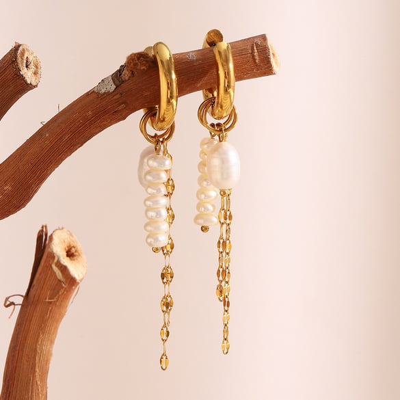 1 Pair Elegant Tassel Pearl Beads Stainless Steel Gold Color Women's Dangle Earrings