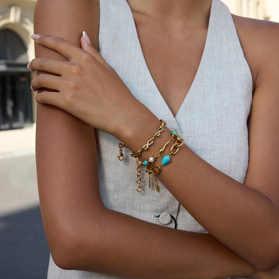 1 Piece Retro Calaite Beads Chain Stainless Steel Gold Color Women's Beaded Bracelets Picture4