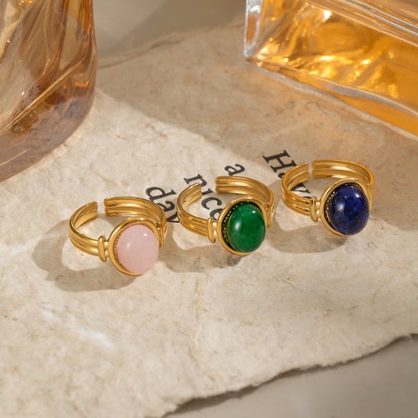 1 Piece Retro Circle Stainless Steel Gold Color Natural Stone Women's Gemstone Rings 2