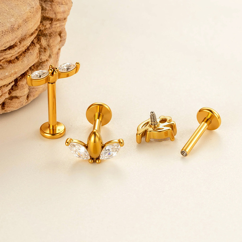 1 Piece Leaf Shape Stainless Steel Gold Color Zircon Piercing Earring h5Picture3