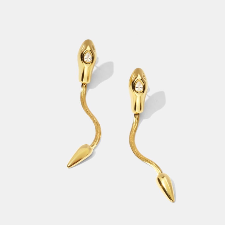 1 paire de boucles d&#39;oreilles pendantes en acier inoxydable en forme de serpent avec zircon couleur or Image2