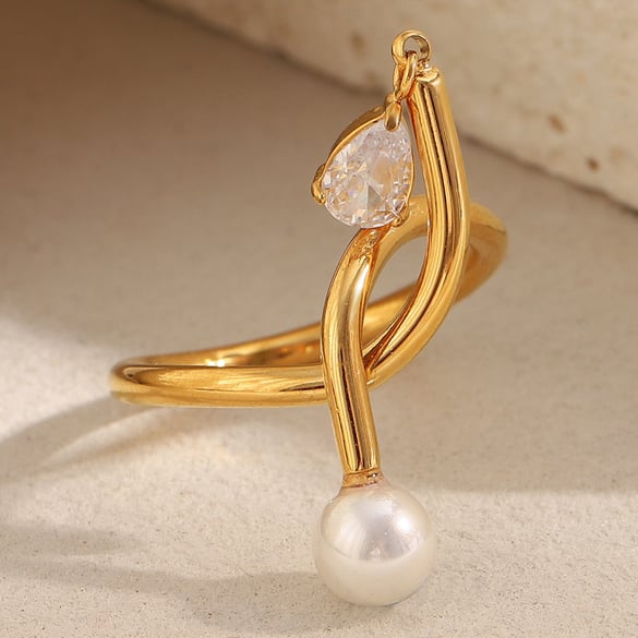 1 Piece Twist Stainless Steel Gold Color Zircon Women's Gemstone Rings 2