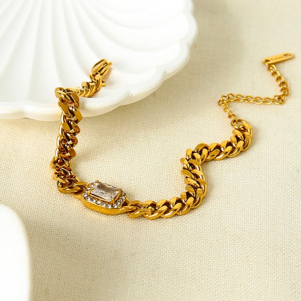 1 Stück luxuriöse klassische Kette, rechteckig, Edelstahl, Zirkonia, Damen-Kettenarmbänder