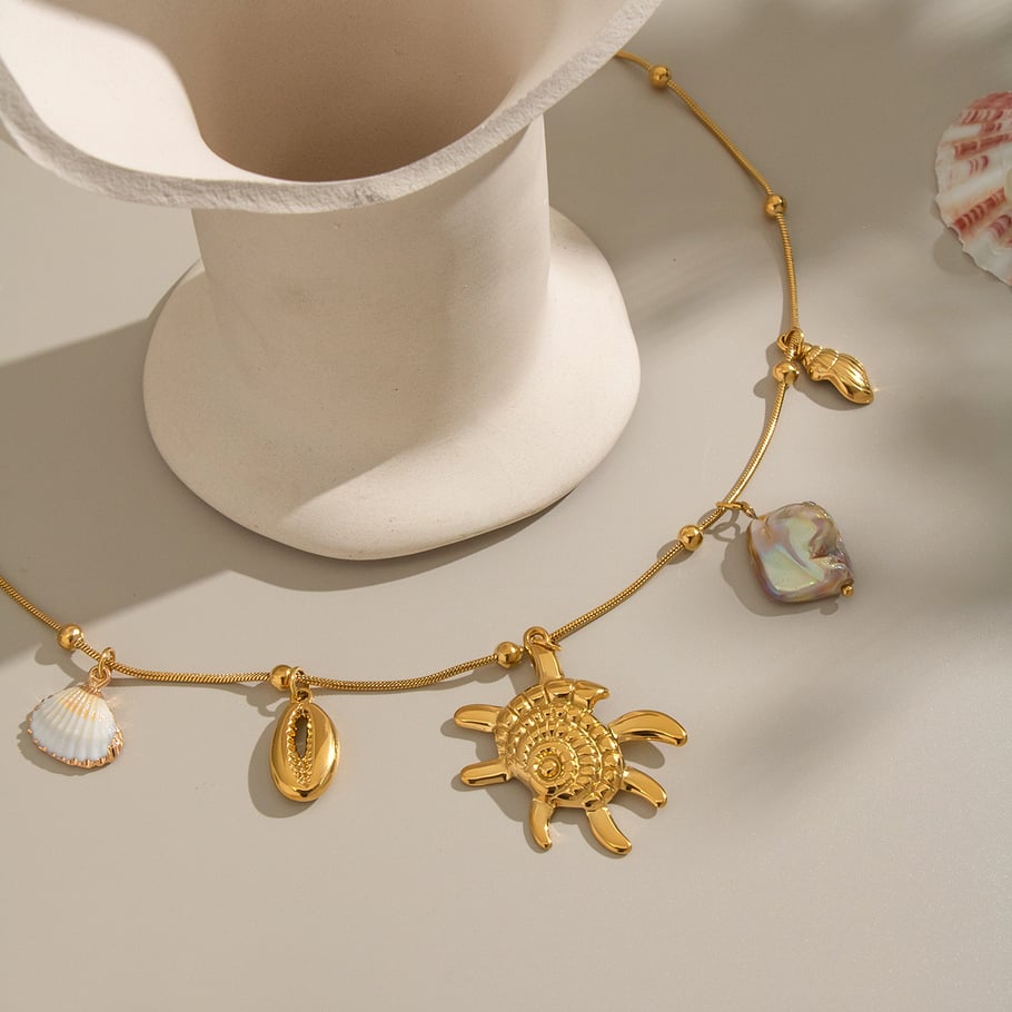 Collier pendentif en acier inoxydable couleur or en forme de coquillage, 1 pièce Image5