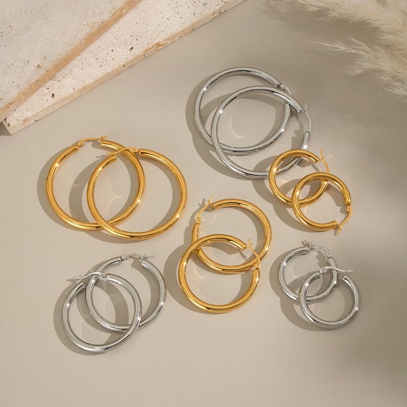 1 Pair Circle Stainless Steel Gold Color Basic Hoop Earrings 2