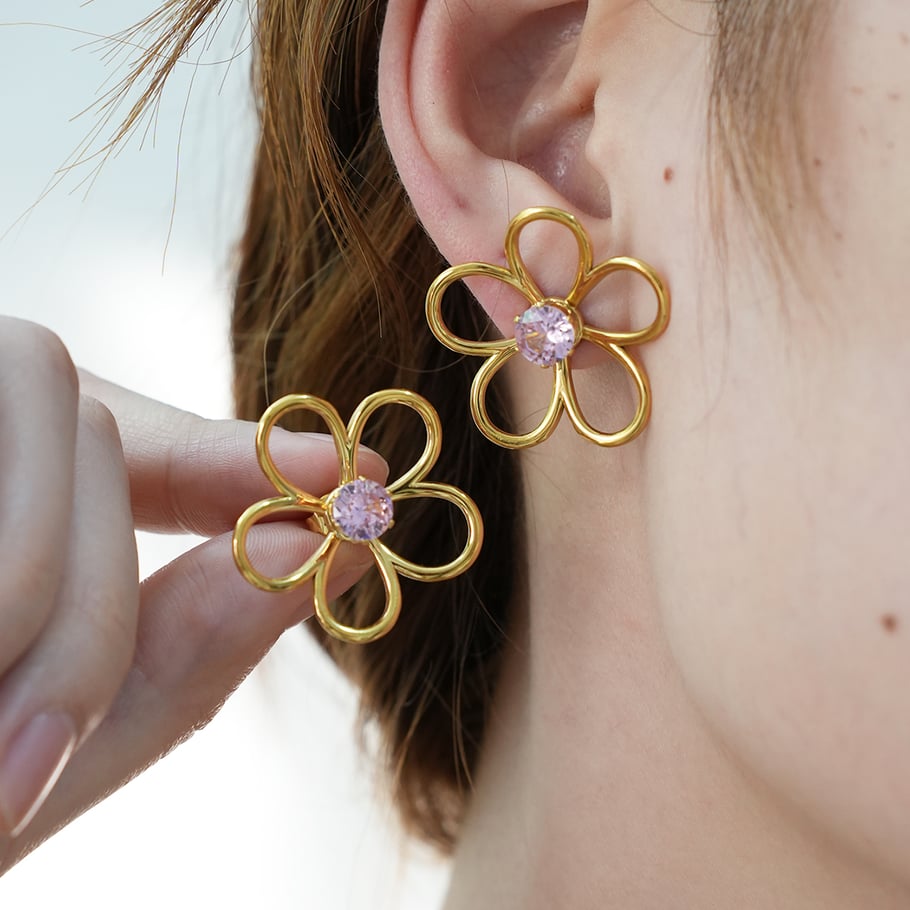 1 Pair Simple Natural Flower Stainless Steel  Gold Color Zircon Statement Rings Picture5