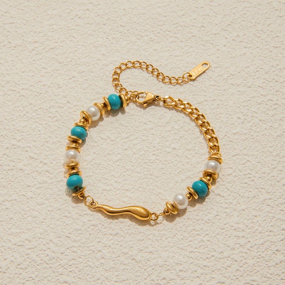1 Piece Retro Calaite Beads Chain Stainless Steel Gold Color Women's Beaded Bracelets Picture7